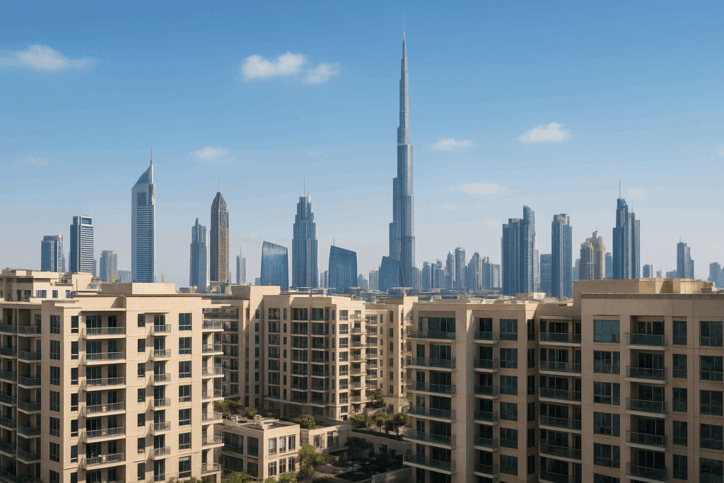 Dubai skyline with modern residential apartments representing property management market.