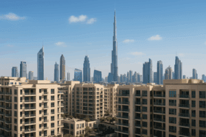 Dubai skyline with modern residential apartments representing property management market.