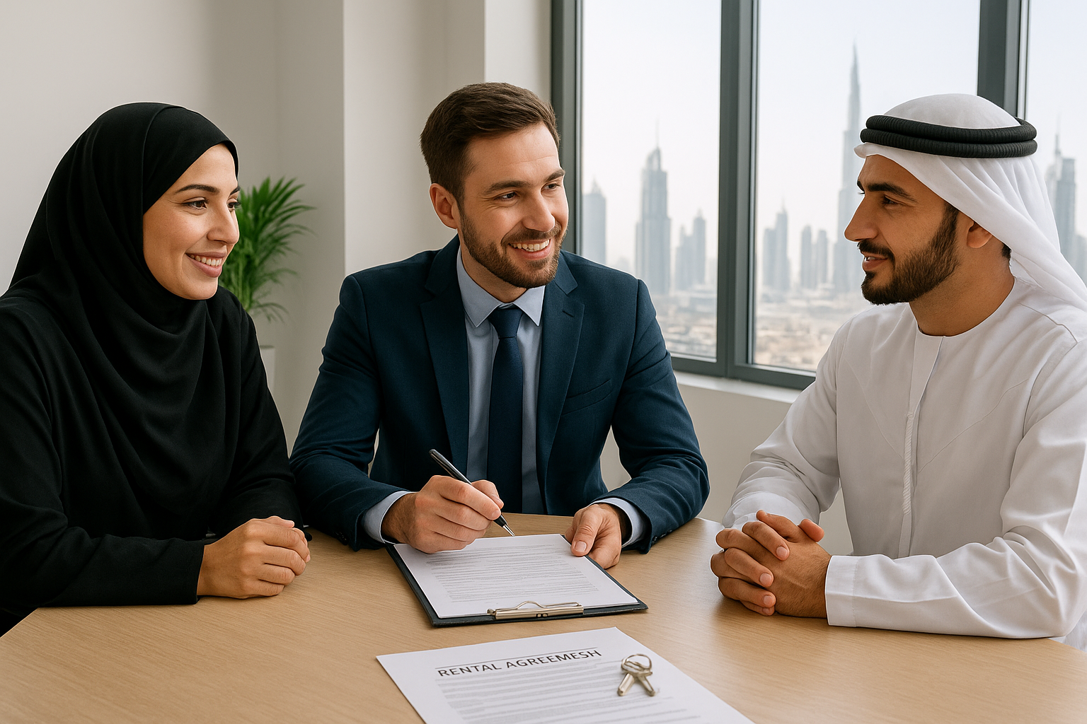 Property manager in Dubai meeting with landlord and tenant to discuss rental and maintenance services.”